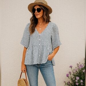 Linen Blend V-Neck Top Size Medium Blue and White